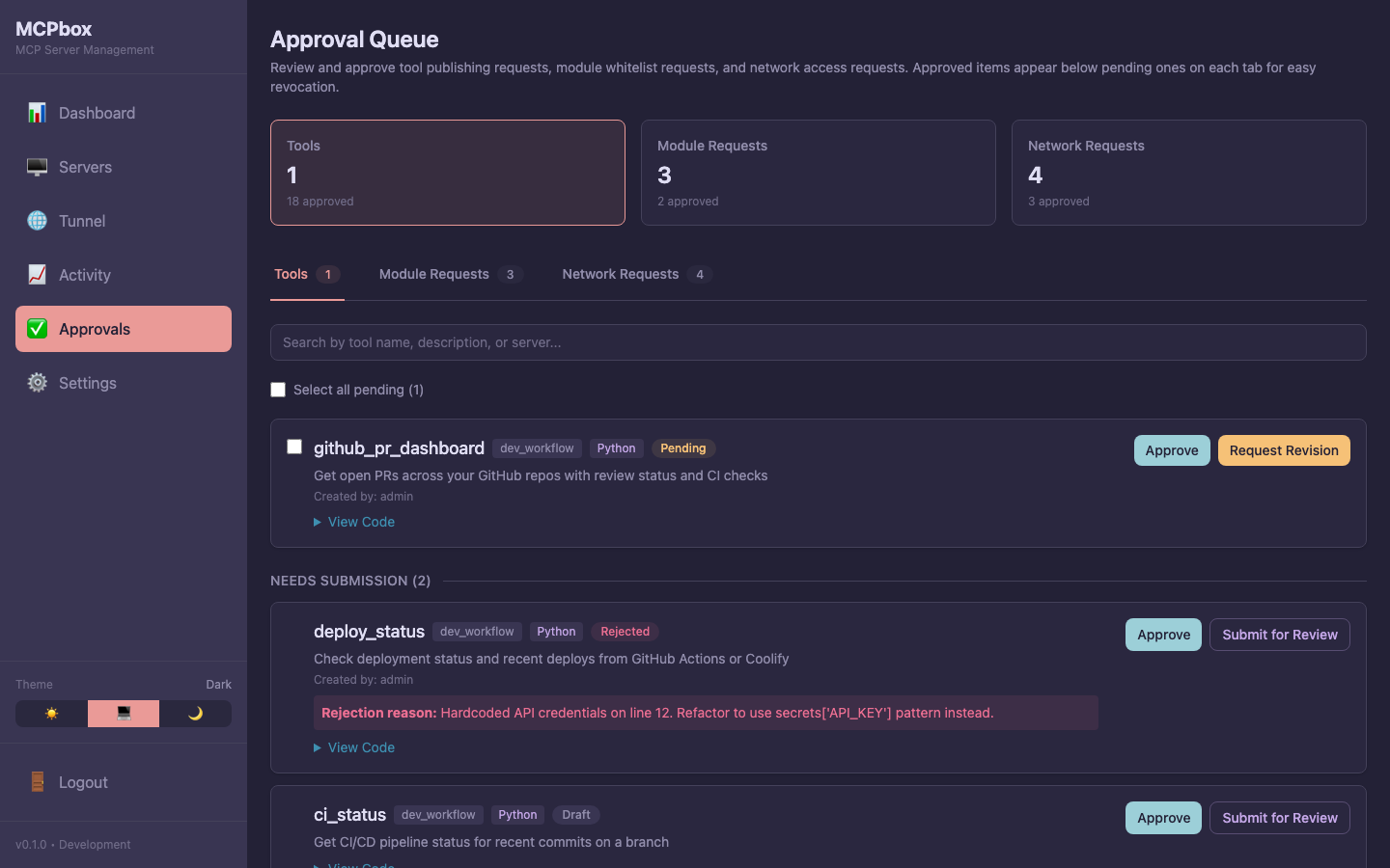 Approvals Page